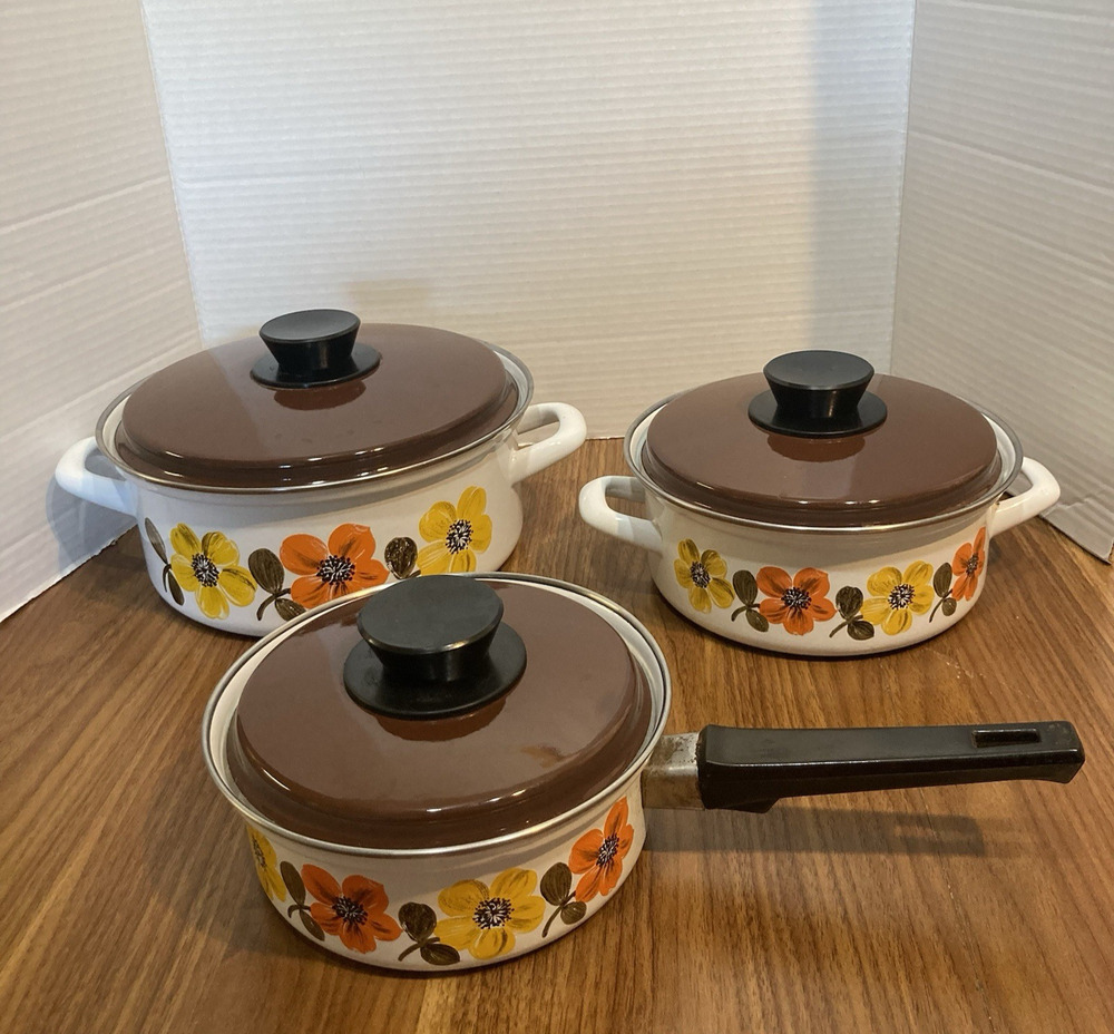Austria Email Vintage 70s Floral/Primavera MCM Enamelware 3 Piece Cookware Set